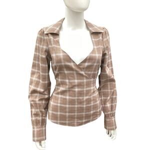 NWT Marissa Webb Women’s Top SZ XS Flannel V-Neck Collar Belt Plaid Brown Gray